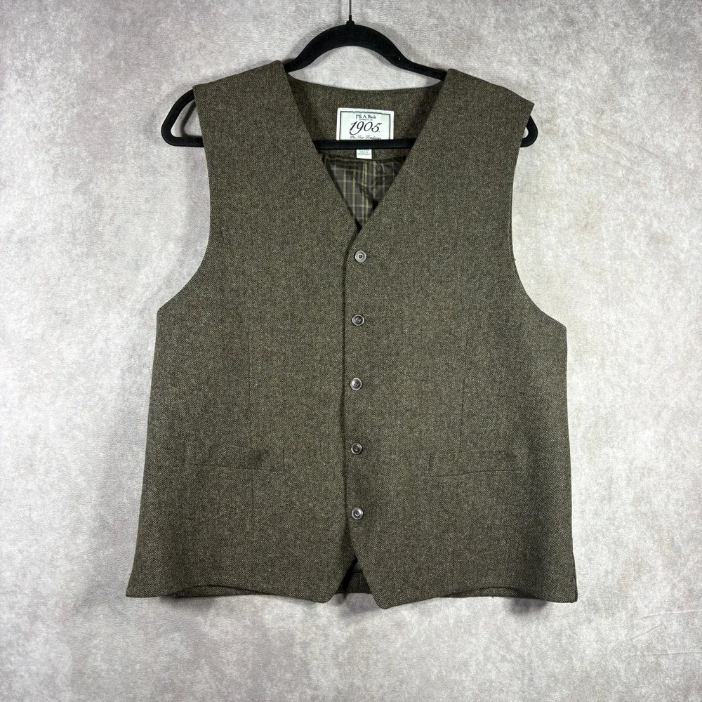 Jos. A. Bank Tuxedo Vest Mens Large Brown Wool Button Front V-Neck Preppy Geek